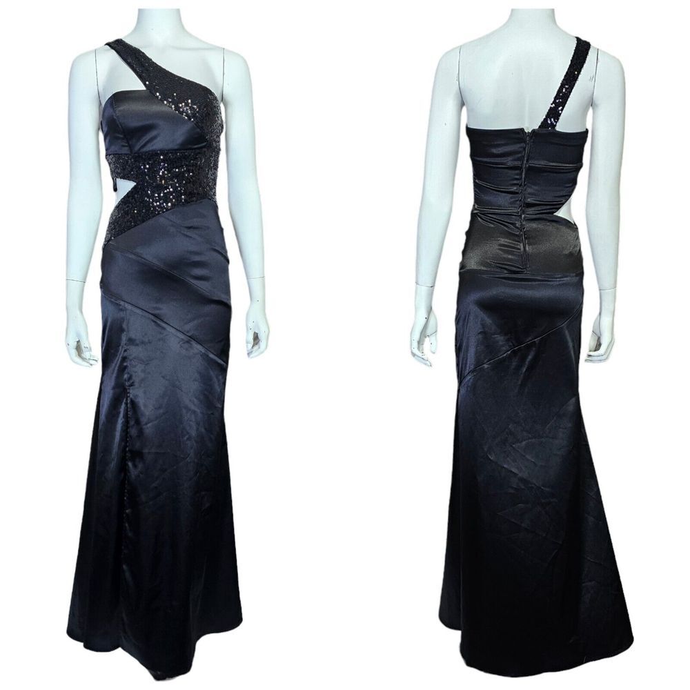 Vintage Y2K Josh & Jazz‎ Black Sequin Cutout One Shoulder Mermaid Gown Size 3/4